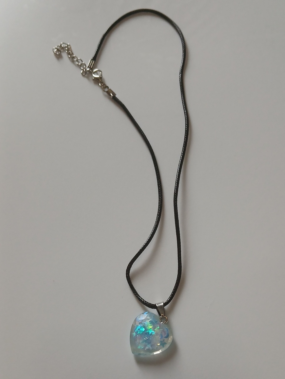 Fashion Jewelry Iridescent Blue-Green Heart Pendant on Black Cord
